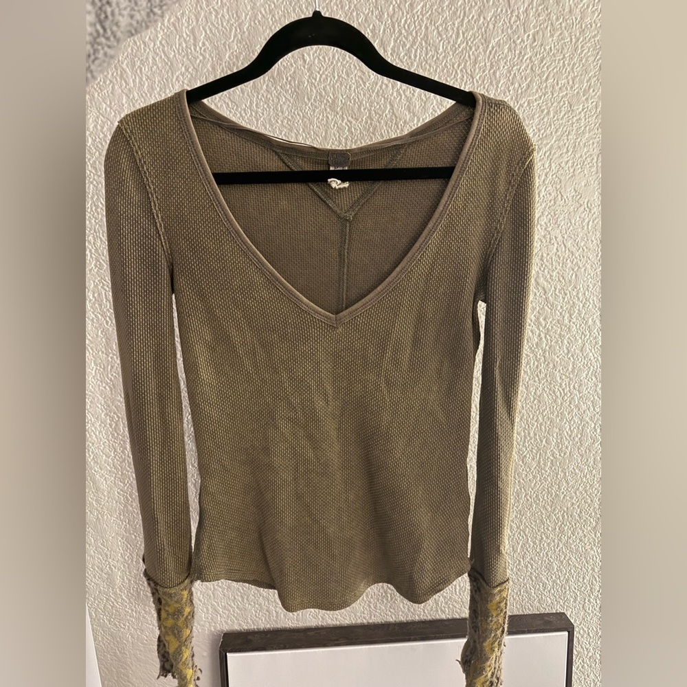 Free People olive green, long sleeved, scoop next shirt